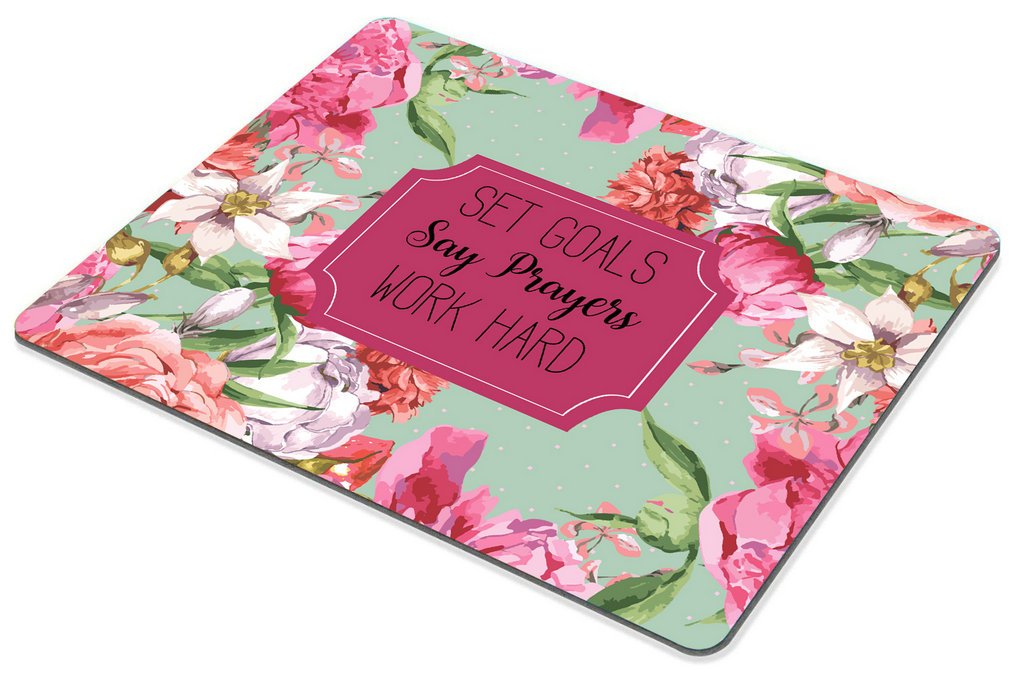 Custom Floral Gaming Mouse Pad with Inspirational Quote - Neoprene Non-Slip Desk Mat for PC & Laptop - Motivational 'Set Goals, Say Prayers, Work Hard' Design - Perfect for Office, Home & Gaming Setup