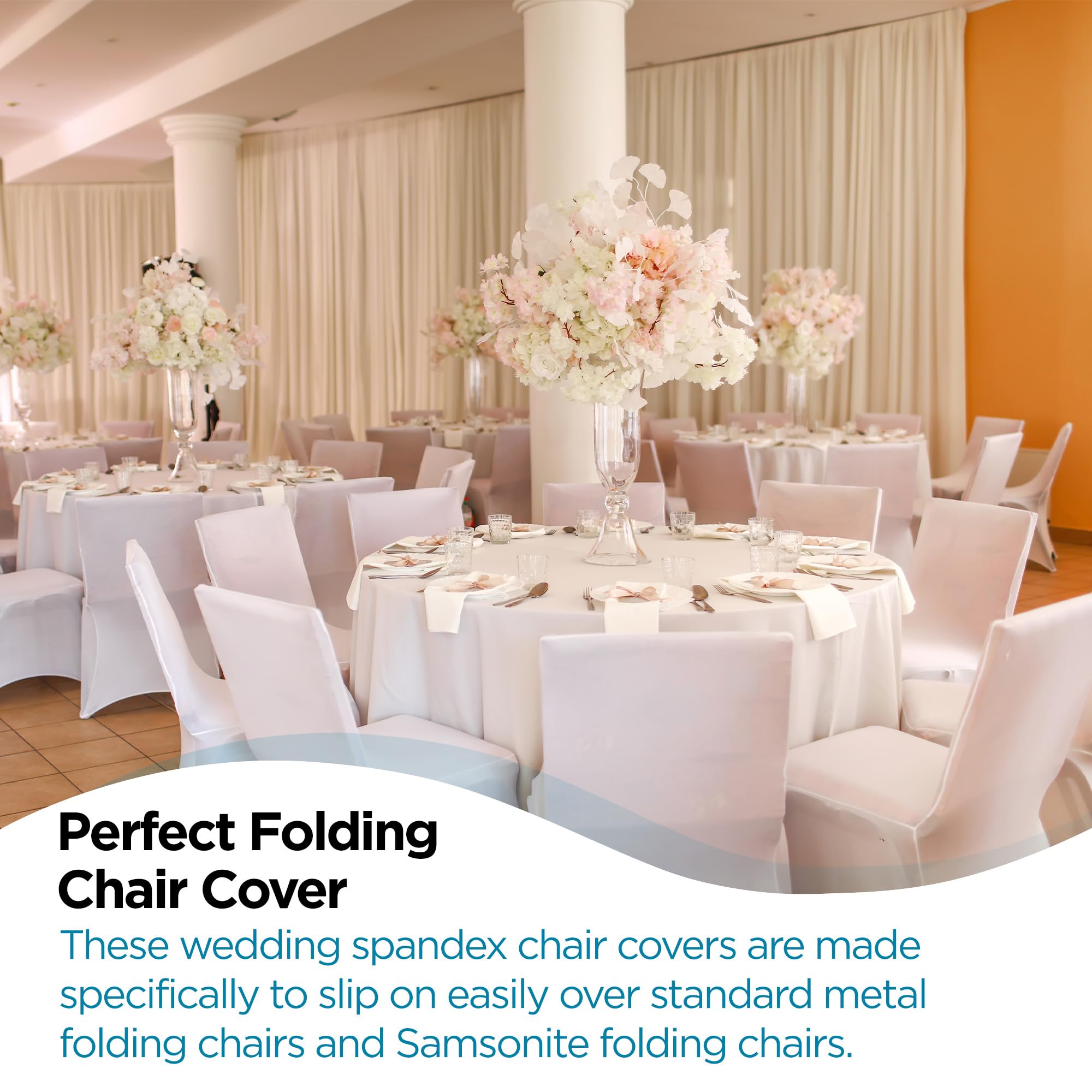 Premium Spandex Folding Chair Covers with Arched Front Design - 50 Pack White Durable Slipcovers for Wedding, Banquet, Party & Event Decor - Perfect for Receptions, Restaurants, and Special Celebrations - Washable Stretch Fabric for Easy Installation and Elegant Look