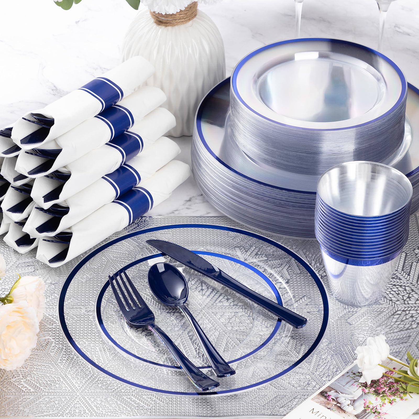 Goodluck 350-Piece Dark Blue Plastic Dinnerware Set for Party - Disposable Plates, Cups & Cutlery for 50 Guests (50 Dinner Plates, 50 Dessert Plates, 50 Napkins, 50 Cups) - Perfect for Birthday Parties, Weddings, Picnics & Events