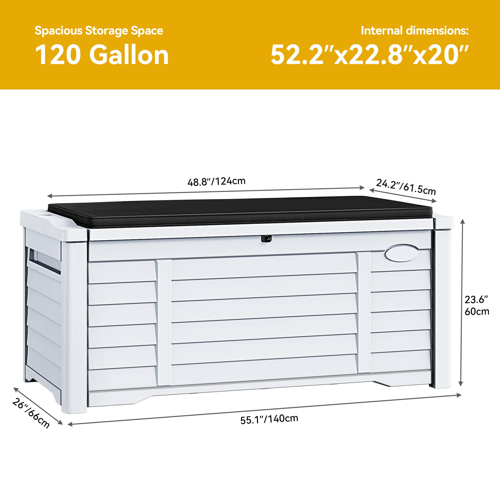 DWVO 120 Gallon Outdoor Louver Storage Deck Box with Seating Cushion - Large Waterproof Resin Deck Storage Box for Patio Furniture, Garden Tools, Pool Toys & Outdoor Accessories - Lockable Design (White) - Perfect for Backyard, Poolside & Deck Organization