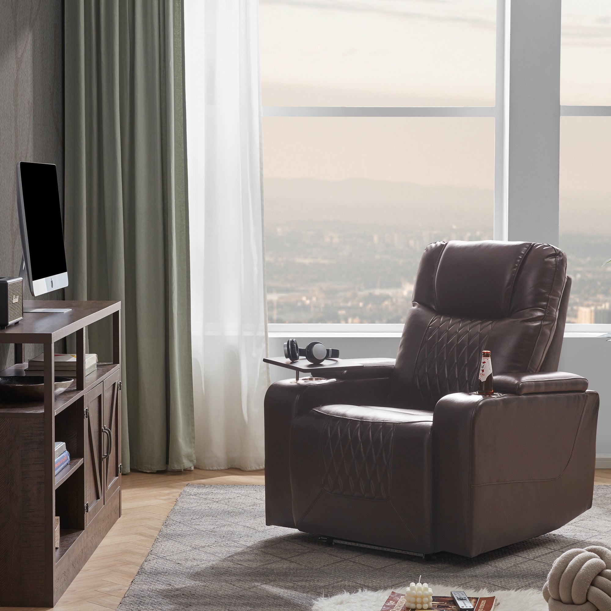 Electric Power Lift Recliner Chair with USB Charging Port, Hidden Arm Storage & 360° Swivel Tray - Brown Leather Massage Chair for Living Room, Home Theater & Elderly Care