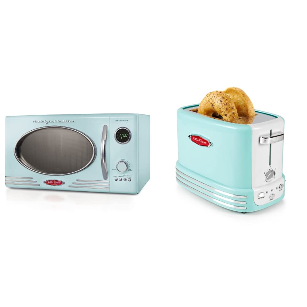 Vintage Retro Countertop Microwave Oven with Wide 2-Slice Toaster Set - Perfect for Small Kitchens, Dorms & Office Break Rooms | Quick Meals & Snacks | 70s Style Appliances