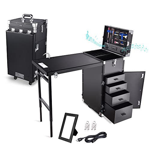 BYOOTIQUE Foldable Rolling Manicure Table with 4 Drawers, Mirror & Speaker - Portable Nail Salon Desk, Makeup Train Case & Cosmetic Organizer for Technicians - Perfect for MUA Workstations, Home Salons & Travel Beauty Services (Black)