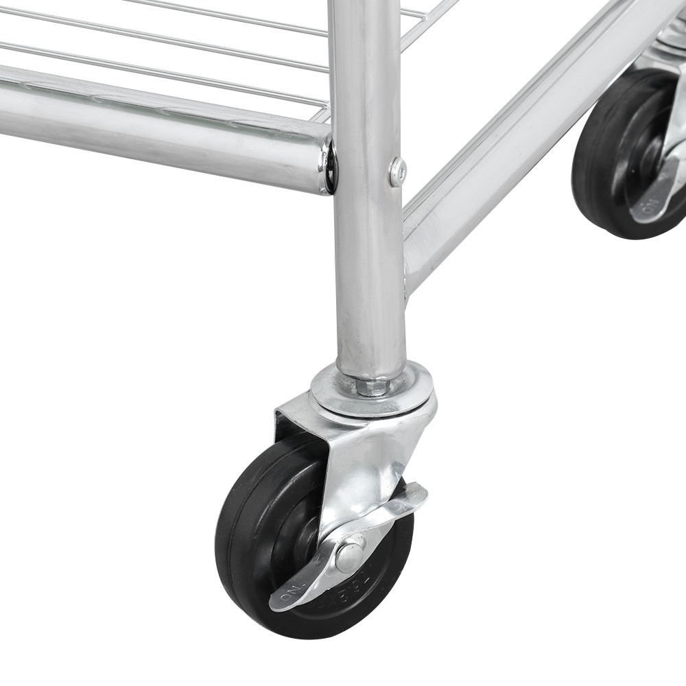 Foldable Rolling Laundry Cart with Storage Baskets & Double Pole Rack - Space Saving Clothes Hamper Organizer for Bedroom, Laundry Room & Dorm (Silver)