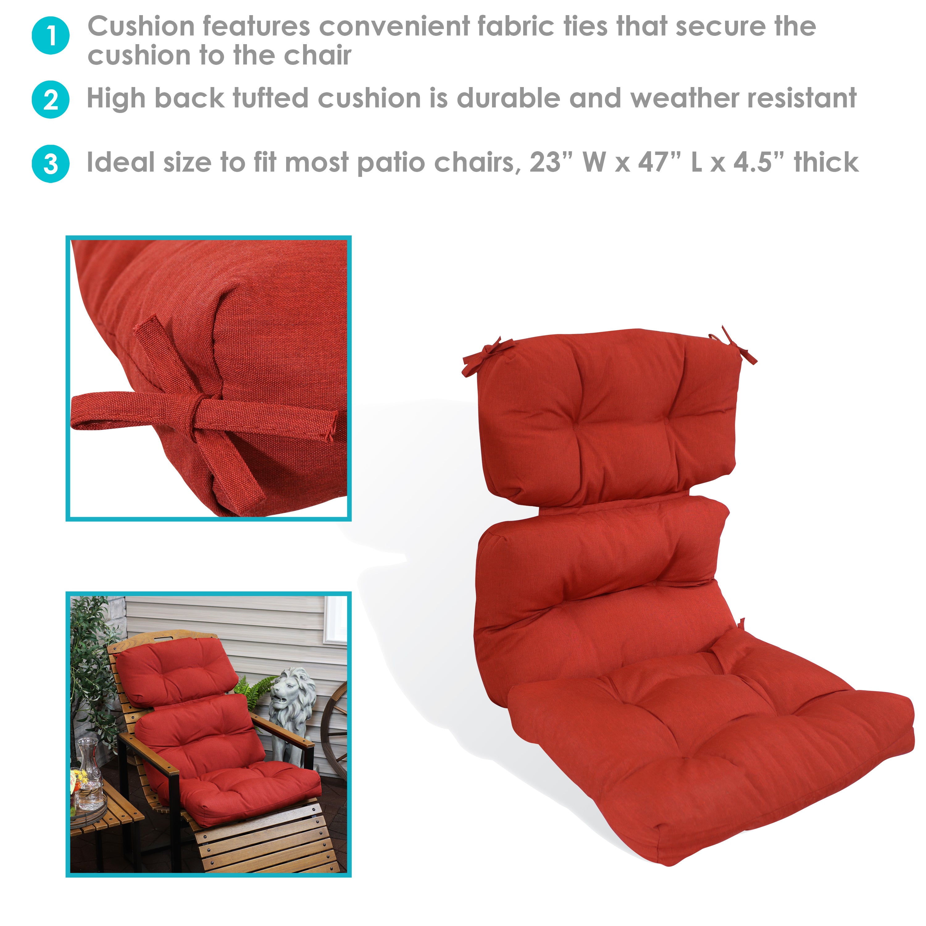 Premium Sunnydaze Olefin Tufted High Back Patio Chair Cushion - Waterproof Outdoor Furniture Cushion for Patio, Deck, Poolside & Garden Lounge Chairs