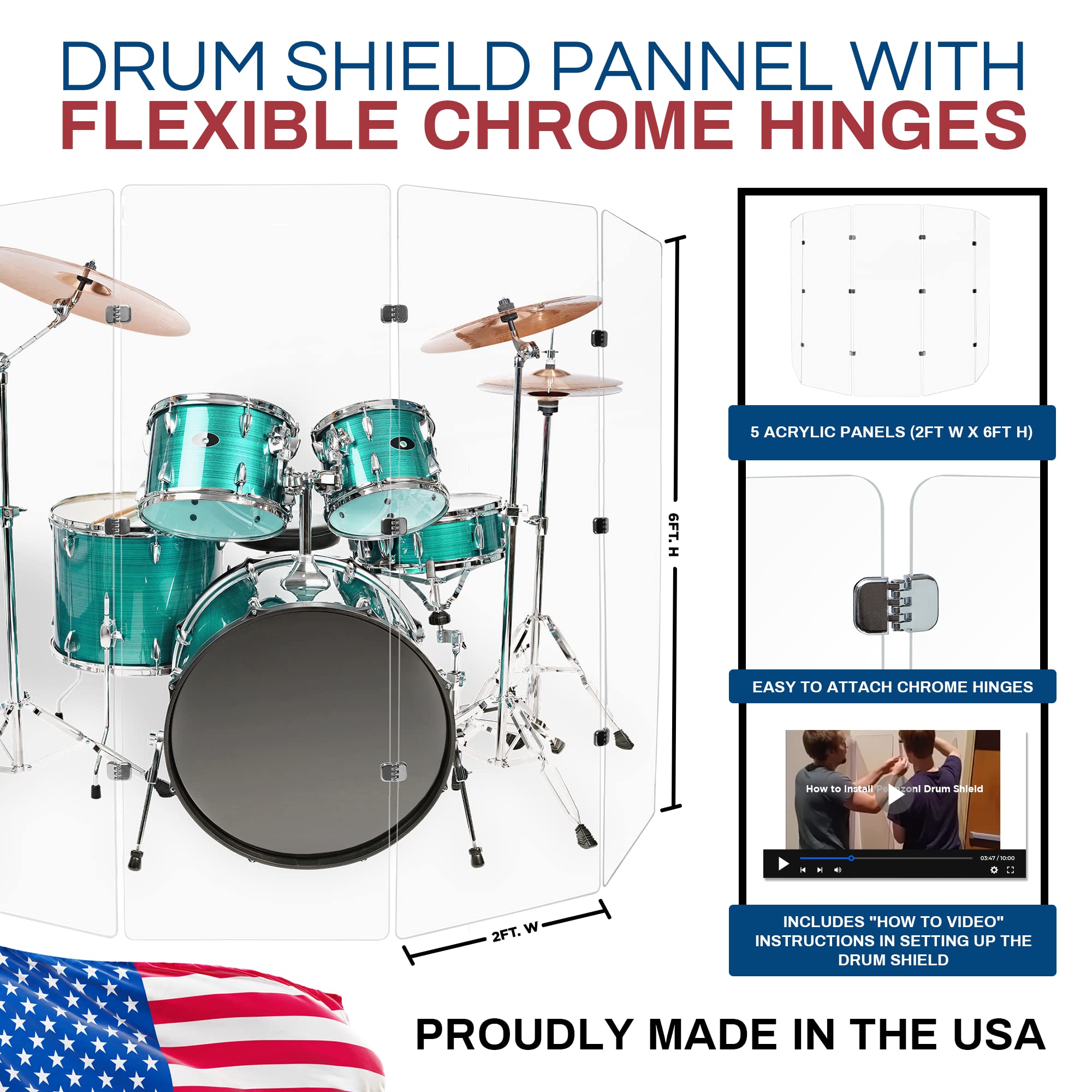 6ft Premium Clear Acrylic Drum Shield with Chrome Hinges - Includes 5 Drum Panels & Soundproof Screen - Perfect for Live Performances, Studio Recording, and Drum Practice