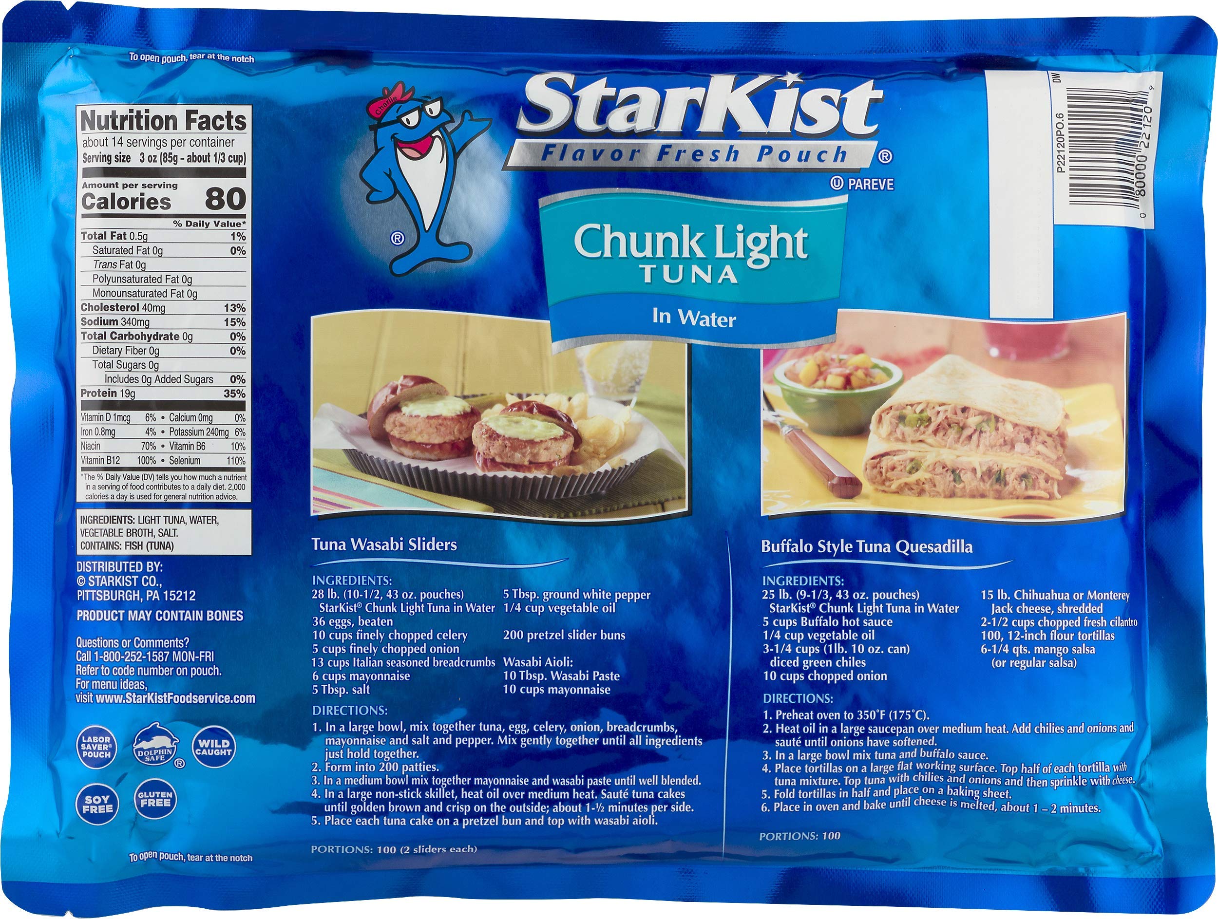 StarKist Chunk Light Tuna in Water - 43 oz Pouch (Pack of 6) | Wild Caught, High Protein, No Salt Added | Perfect for Salads, Sandwiches & Meal Prep