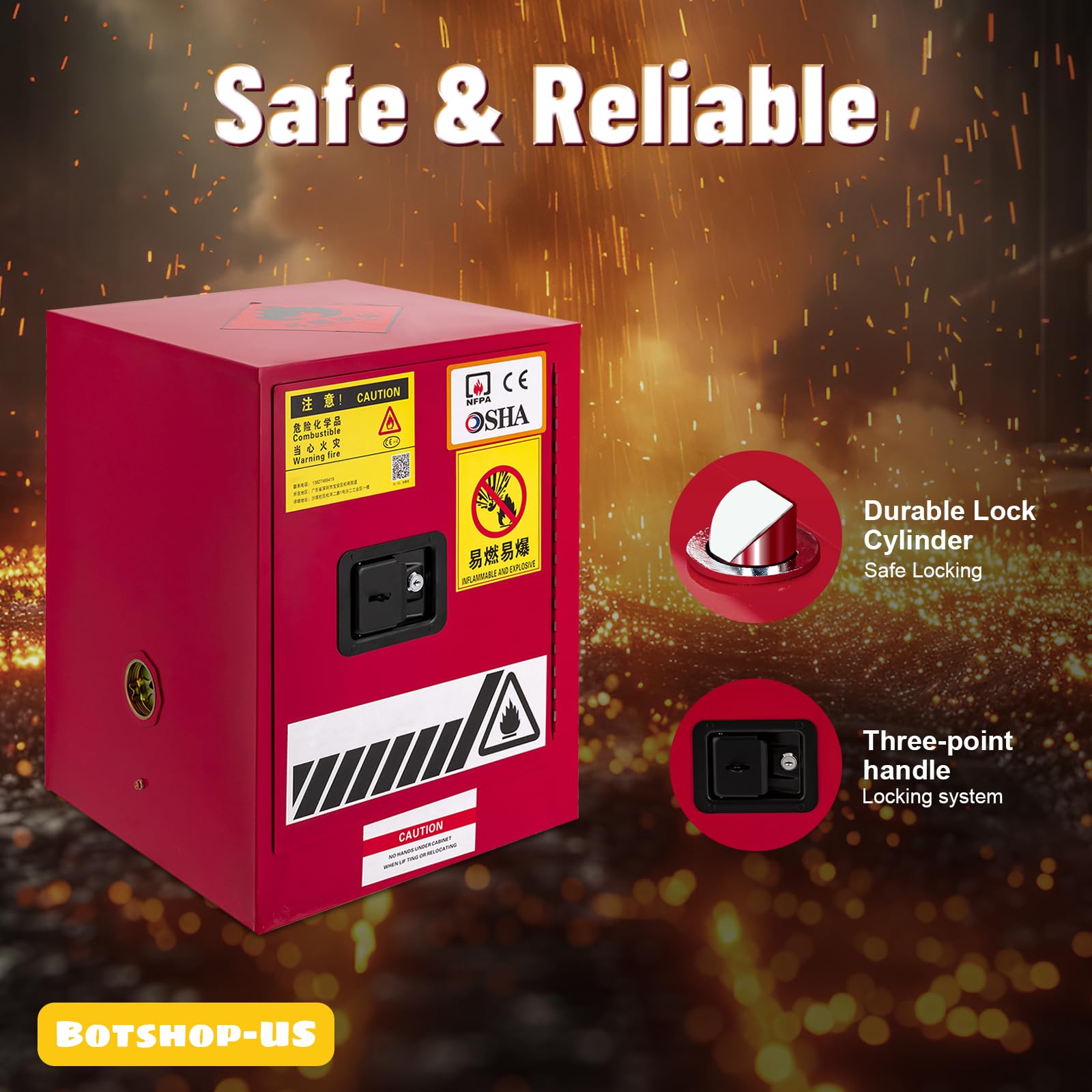 Gdrasuya10 4-Gallon Flammable Liquid Safety Storage Cabinet - Fireproof Hazardous Chemical Cabinet with Adjustable Shelves, 17x17x22 Inches, Red - Ideal for Garage, Workshop & Laboratory Chemical Storage