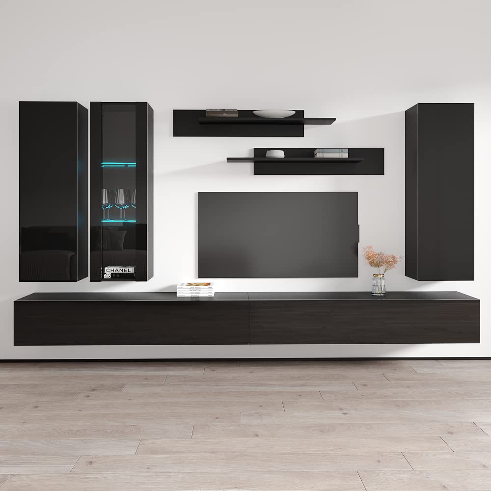 Modern Floating TV Stand with Storage & LED Lights - Wall-Mounted Entertainment Center for Bedroom & Living Room - Black TV Console with Shelves (Perfect for Small Spaces & Home Theater Setup)