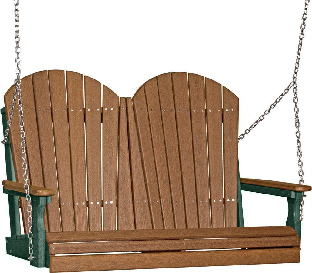 LuxCraft 4ft Antique Mahogany Adirondack Porch Swing with Cup Holder - Durable Recycled Plastic Outdoor Furniture for Patio, Garden & Backyard Relaxation