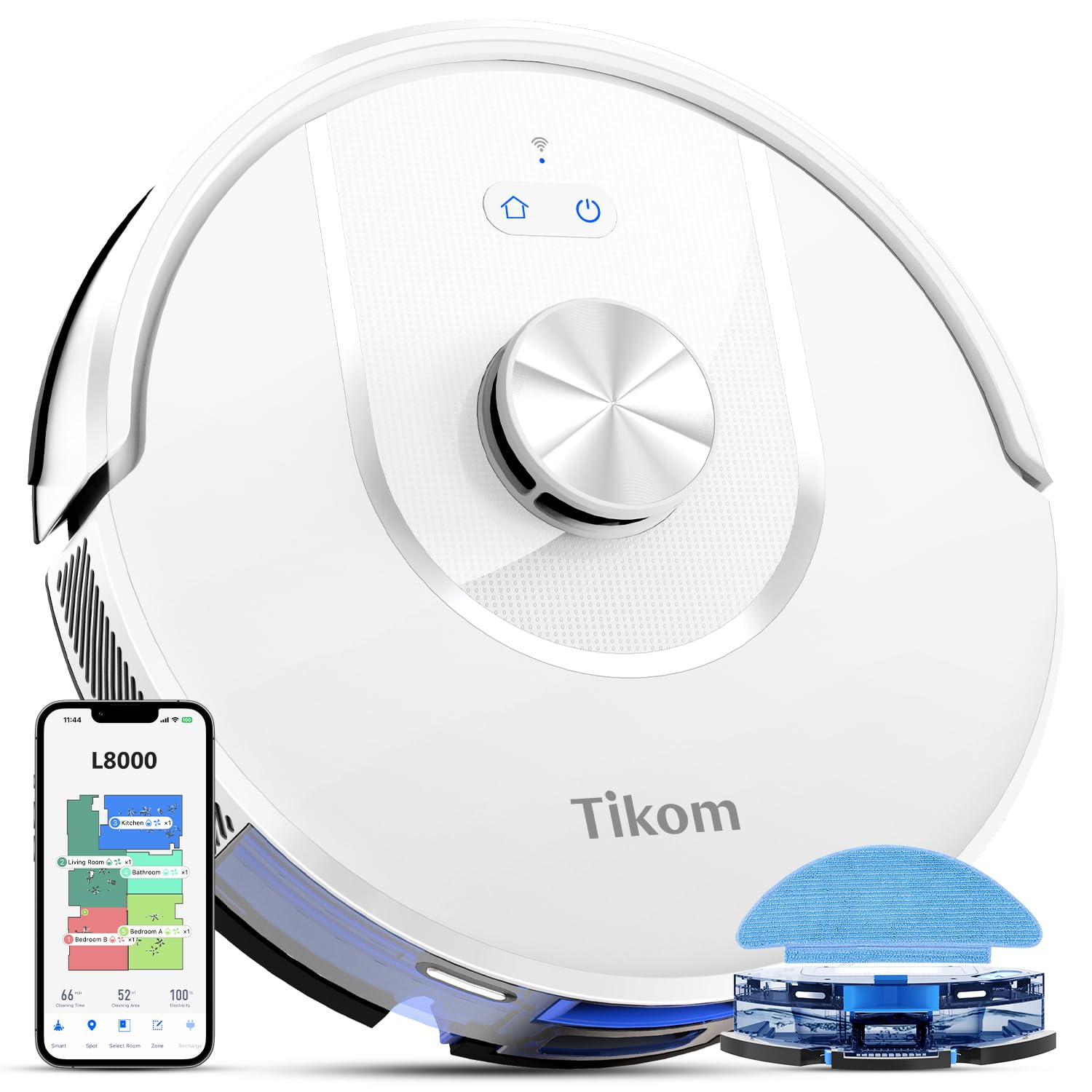 Tikom L8000 Robot Vacuum and Mop with Laser LiDAR Navigation - 150Mins Runtime, Ultra-Quiet 45dB, 14 No-Go Zones & 20 Virtual Walls - Self-Charging for Pet Hair, Carpets & Hard Floors (White) - Perfect for Large Homes with Pets & Multi-Surface Cleaning