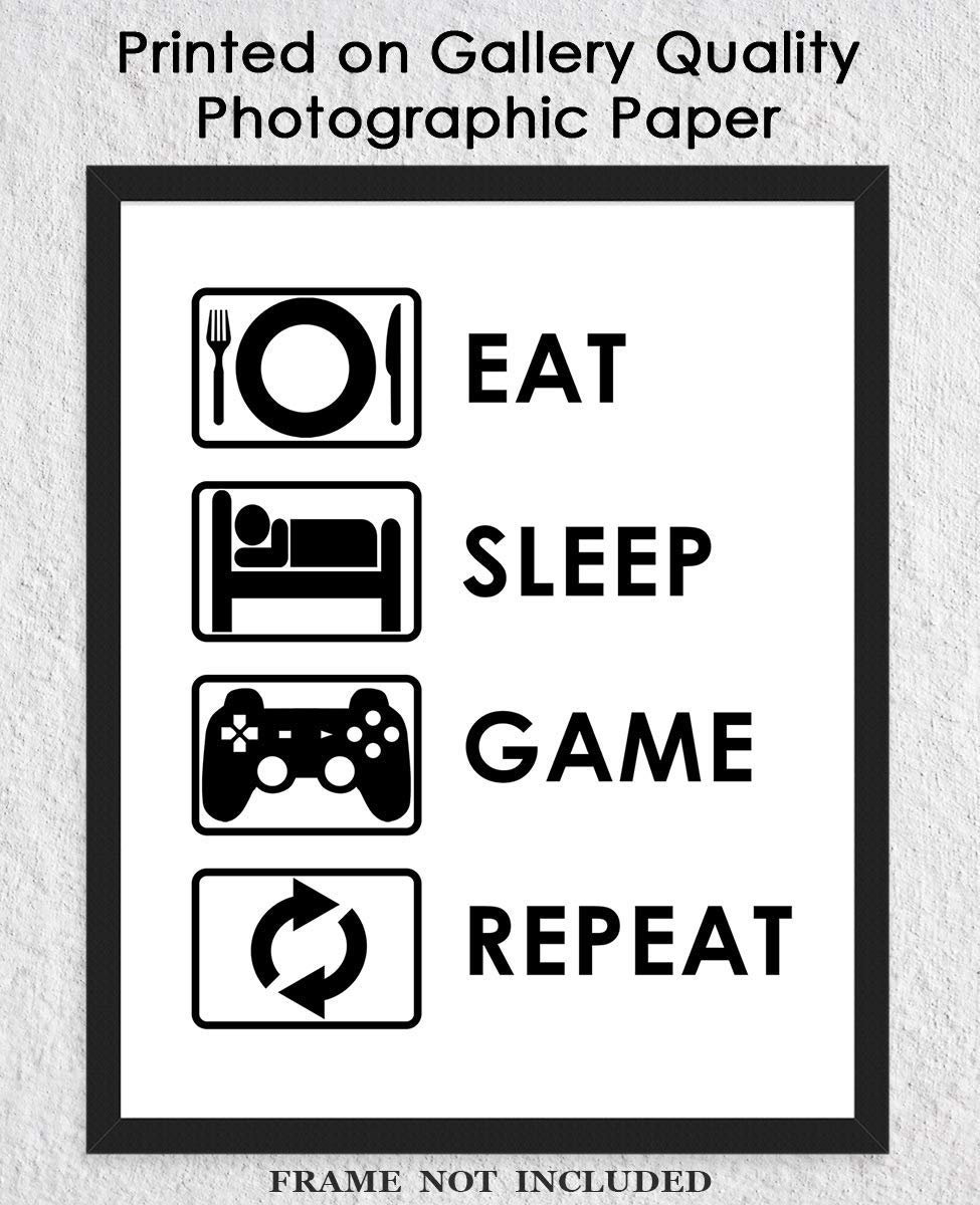 Eat Sleep Game Repeat Typography Wall Art Print - Funny Bathroom Decor & Gamer Gift - 8x10 Unframed Poster - Perfect for Gaming Room, Man Cave or Teen Bedroom Decor