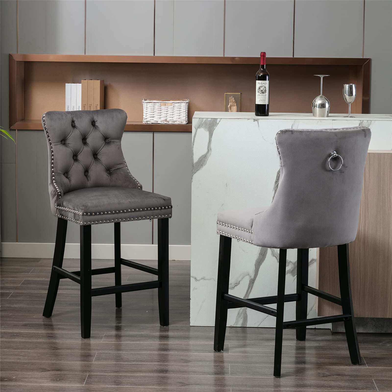 Velvet Bar Stools Set of 2 - Farmhouse Style Button Tufted Counter Height Dining Chairs with Back Support & Footrest - Nail Head Trim & Pull Ring Bar Stools for Kitchen Island, Home Bar, Breakfast Nook - Comfortable Gray Upholstered Seating for Entertaining & Relaxing