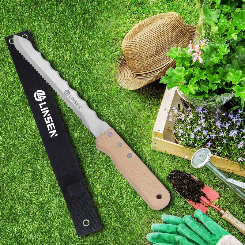 Premium Stainless Steel Garden Knife with Ergonomic Wooden Handle - Double-Sided Utility Tool for Lawn Repair, Sod Cutting & Gardening - Includes Durable Nylon Sheath - Perfect for Landscaping, Lawn Care & Outdoor Projects