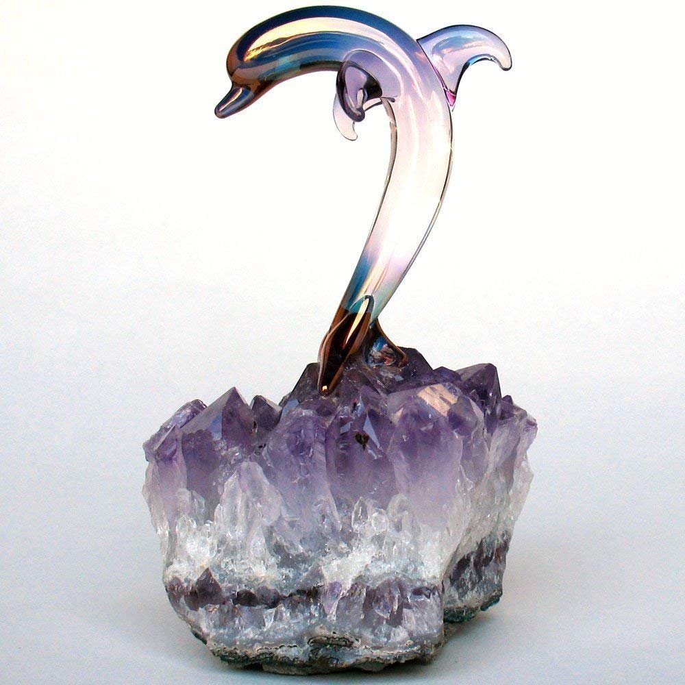Hand Blown Glass Dolphin Figurine on Amethyst Crystal Base - Elegant Home Decor, Office Desk Ornament & Unique Gift for Ocean Lovers