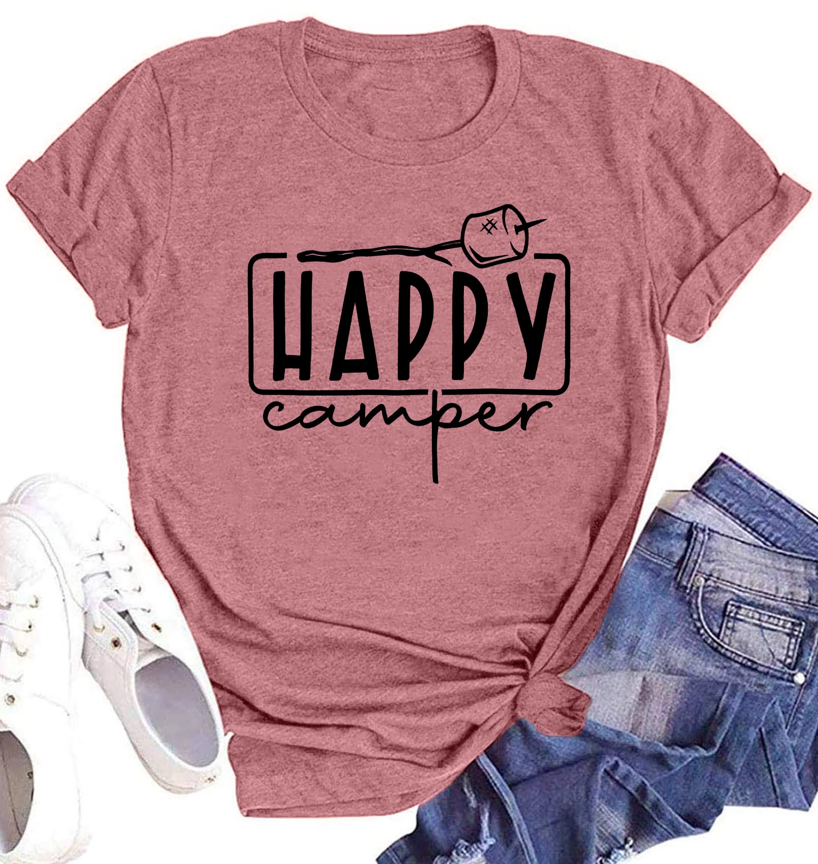 Happy Camper Graphic T-Shirt for Women - Funny Marshmallow Print Casual Camping Tee - Perfect for Summer Outdoor Adventures, Bonfires & Music Festivals