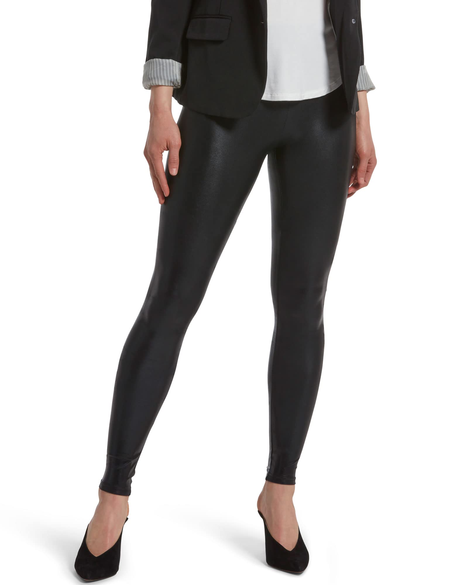 HUE Women's High Waist Shiny Leggings - Tummy Control Yoga Pants for Workout, Running & Everyday Wear