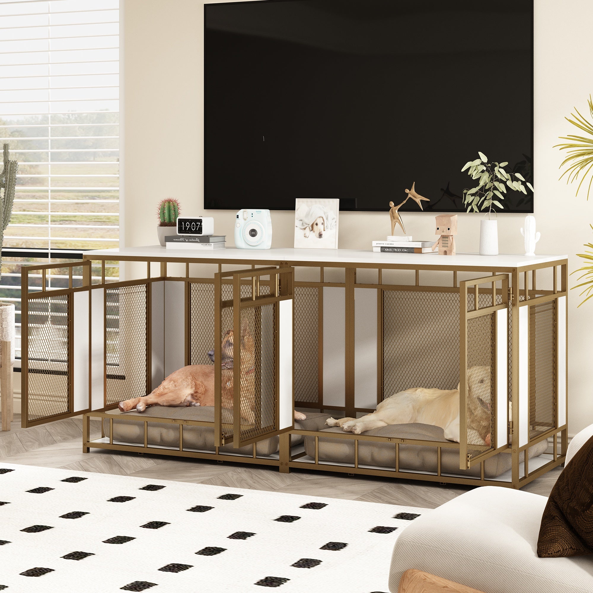 Sturdy 4-Door Large Dog Crate with Heavy Duty Iron Frame - Perfect for Home, Travel & Training