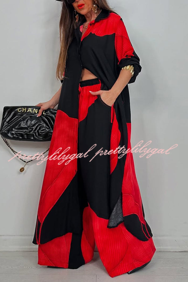Stylish Printed Casual Loose Long Shirt & Elastic Waist Pocket Wide Leg Pants Set - Women's Comfortable Outfit for Work, Travel and Daily Wear