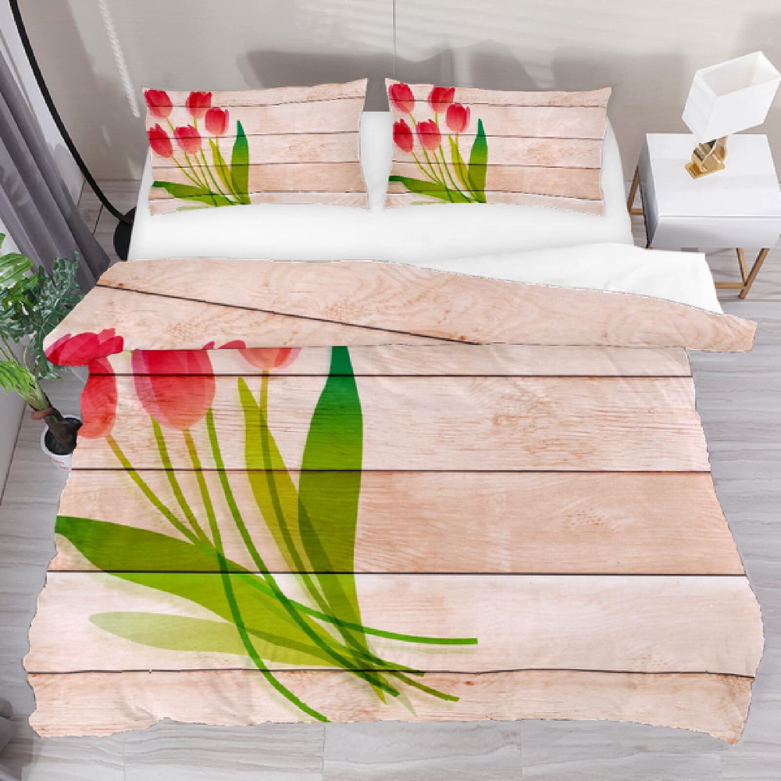 3-Piece Red Tulip Flower Wooden Cabin Print Duvet Cover Set with 2 Pillow Shams - Extra Long Twin Size 71