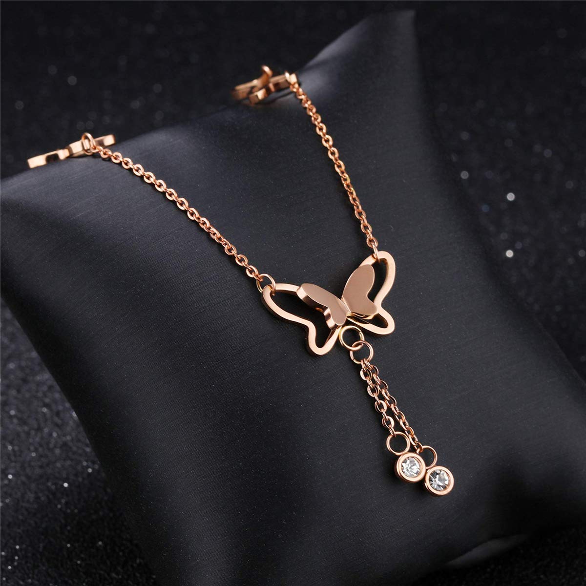 Elegant Hollow Butterfly Anklet with Shining Tassel Design - Adjustable Rose Gold Plated Foot Jewelry (21+5 cm) for Beach Parties, Summer Outfits & Barefoot Fashion Accessories