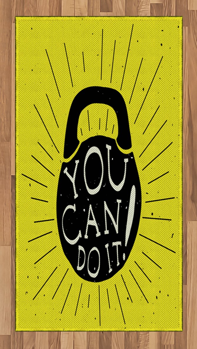 Ambesonne Fitness Motivational Area Rug - Hand Drawn Kettlebell Design with 'You Can Do It' Message, Non-Slip Flat Woven Accent Rug for Gym, Home Office, Living Room, Bedroom - 2'6