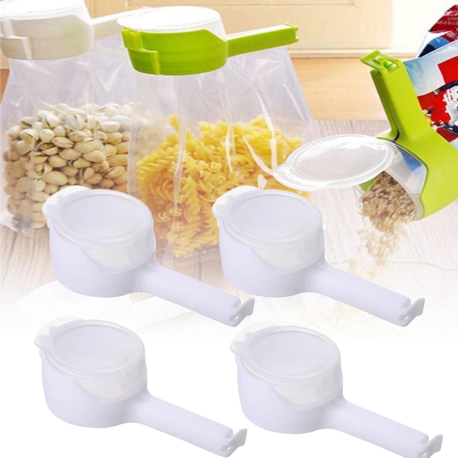 4Pcs Reusable Food Bag Clips with Pour Spouts - Plastic Bag Sealing Clips for Snacks, Chips, Cereal & Dry Goods - Airtight Kitchen Storage Solution (White)