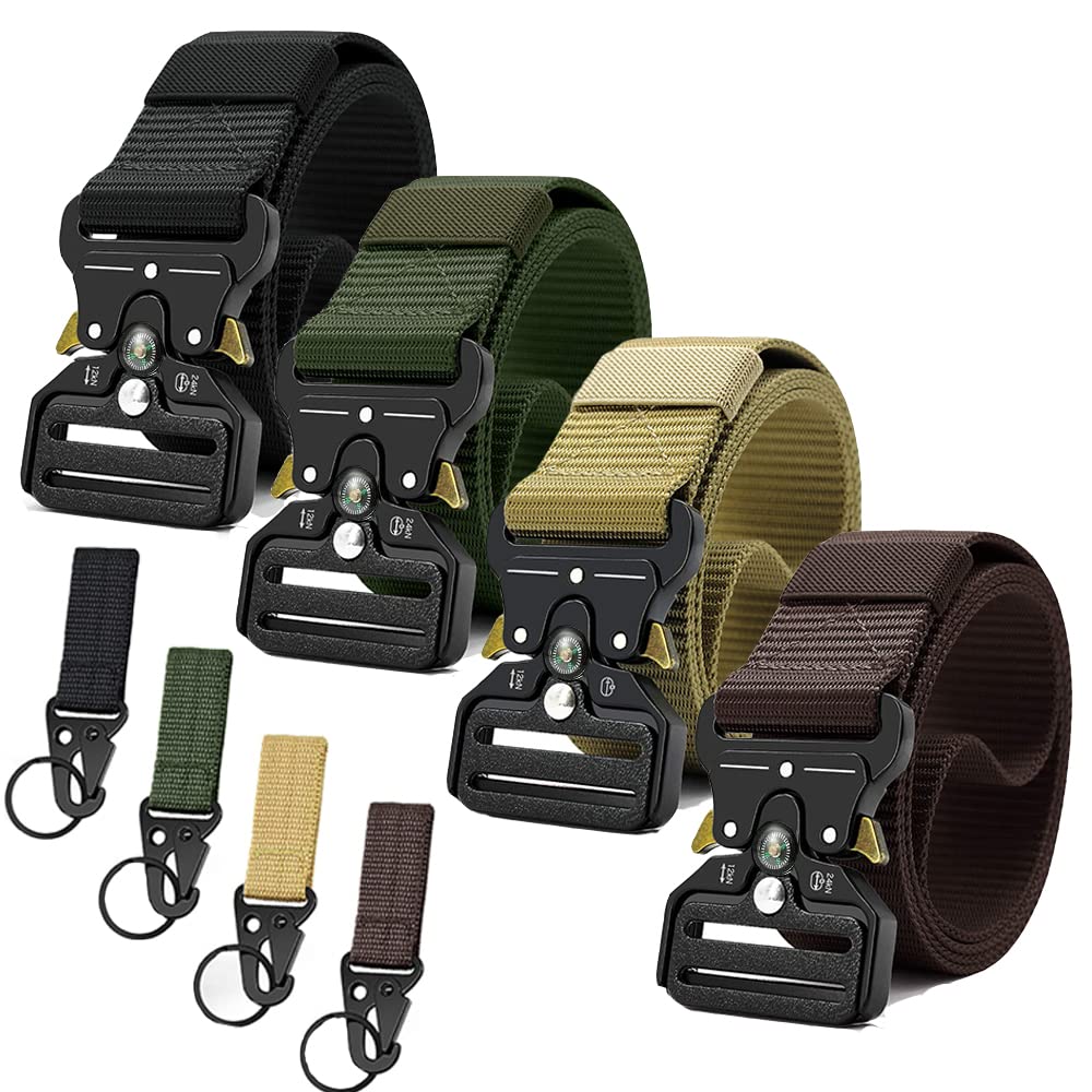 Tactical Belts for Men 4 Pack - Heavy Duty Military Web Belt with Quick Release Metal Buckle - Durable Riggers Belt for Outdoor, Hiking, Camping & Work