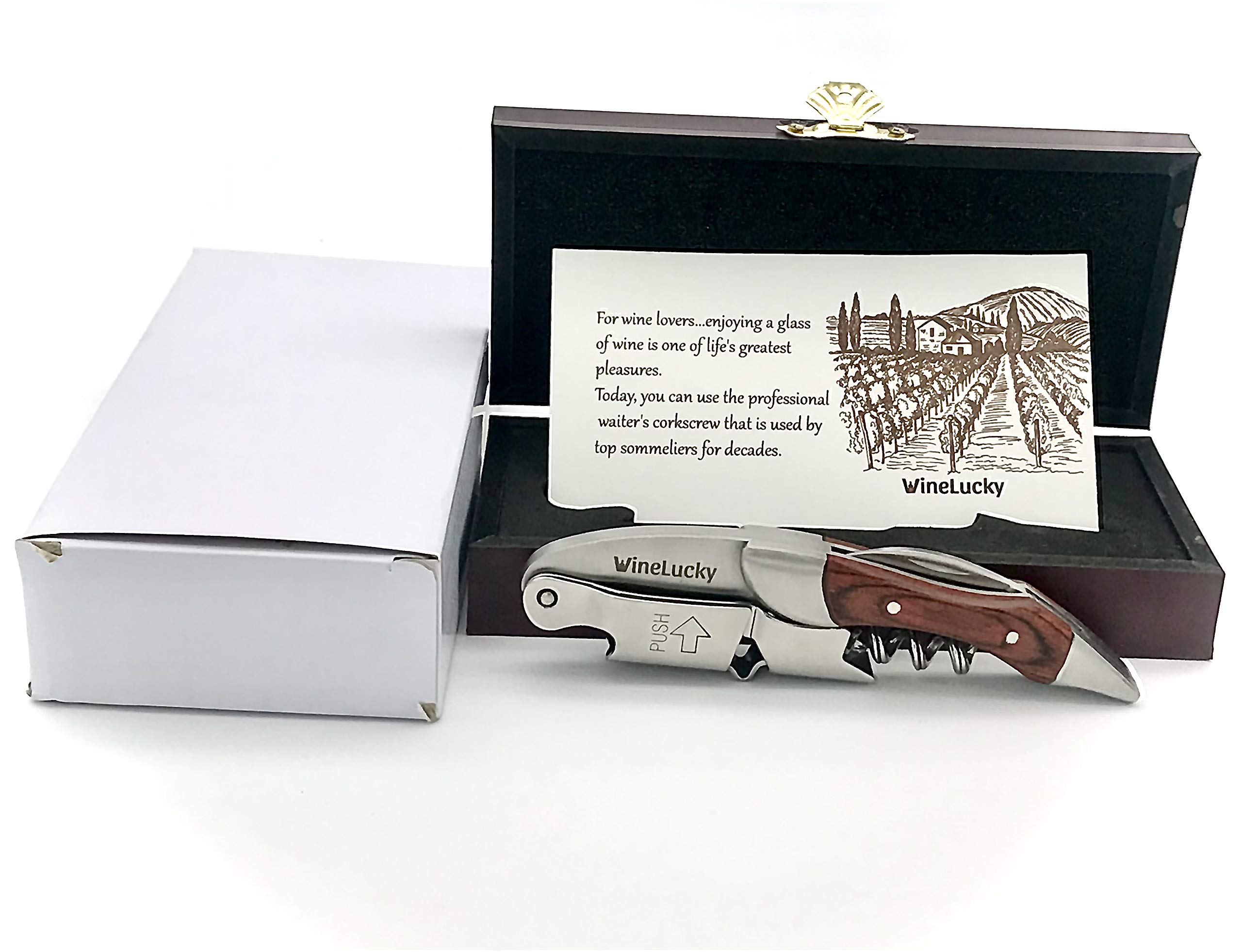 Premium Wooden Box Wine Bottle Opener Set - Heavy Duty Sommelier Corkscrew with Rosewood Handle & Foil Cutter - Stainless Steel Wine Key for Wine Lovers & Waiters - Elegant Gift for Weddings, Anniversaries & Wine Tastings (Brown, Rosewood)
