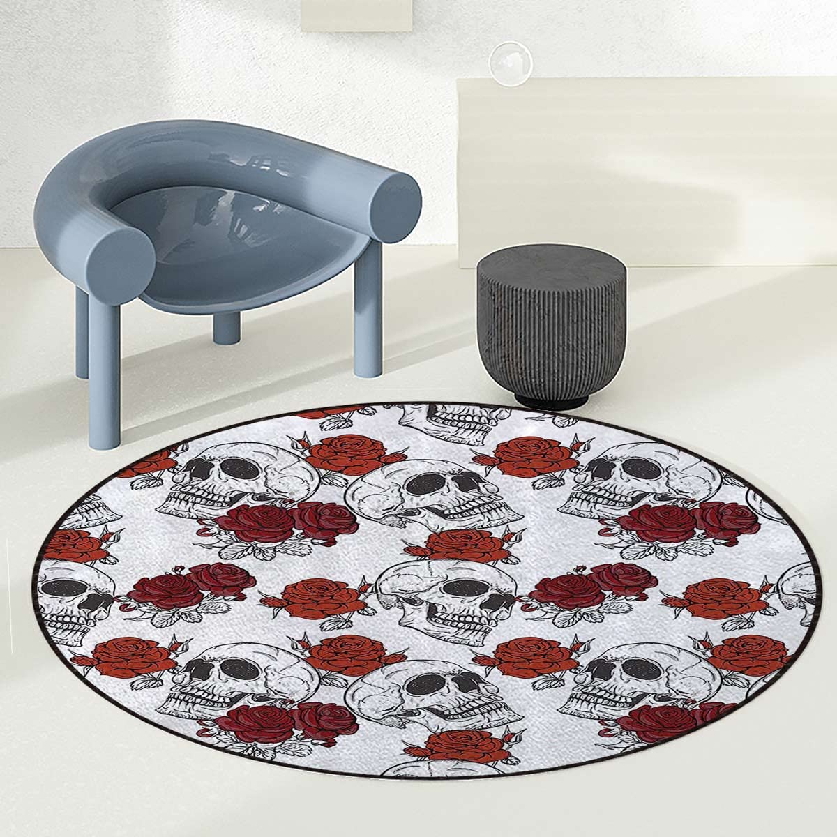 Grey Round Office Chair Mat with Retro Skeleton & Rose Design - 43.3 Inch Diameter Hardwood Floor Protector - Halloween Themed Desk Chair Cushion & Skull Decor for Home Office, Gaming Setup, and Workspace