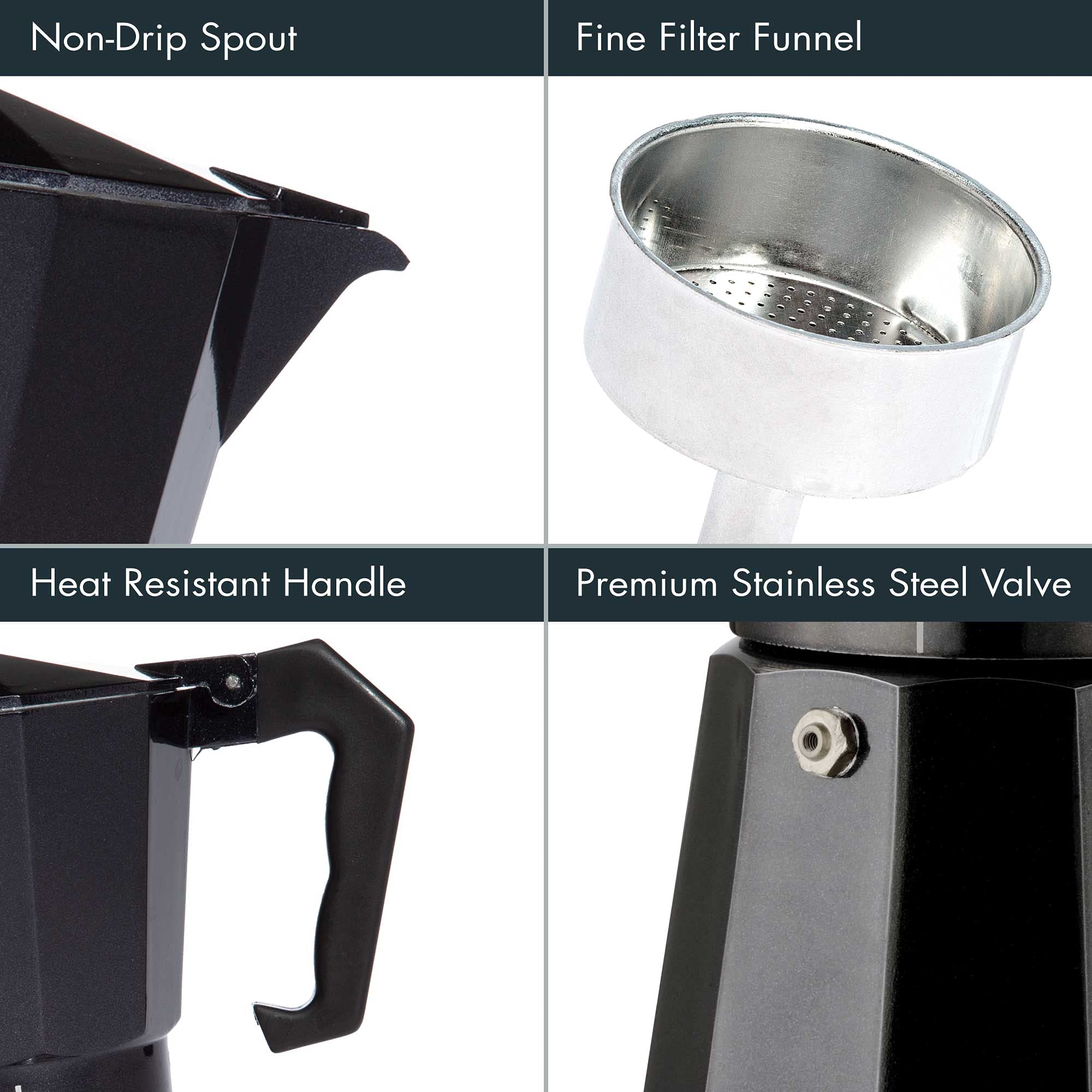 Primaria Classic Stovetop Espresso Maker - 6 Cup Italian Moka Pot for Authentic Espresso & Cuban Coffee - Durable Aluminum Coffee Maker for Gas/Electric Stoves - Perfect for Home Brewing & Camping Trips
