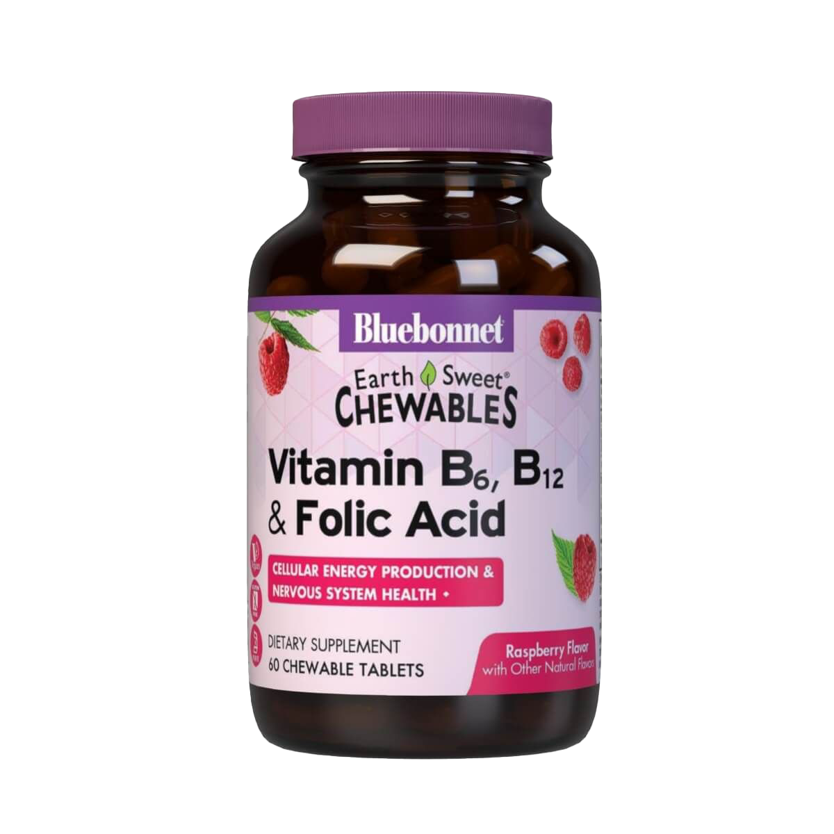 Bluebonnet Earthsweet Chewable Vitamins B6 B12 & Folic Acid Supplement - 60 Raspberry Flavored Tablets for Energy, Metabolism & Nervous System Support - Perfect for Adults & Kids On-The-Go