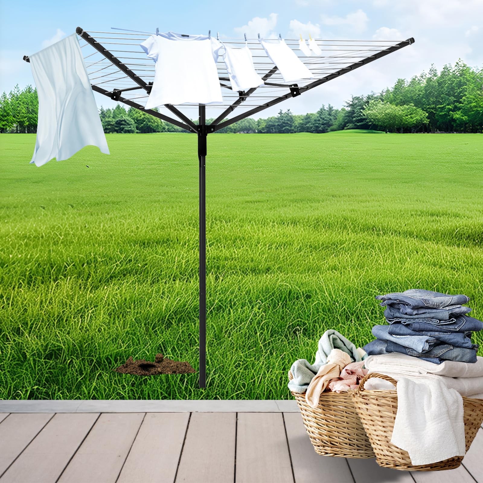 165FT Heavy Duty Outdoor Clothesline - 12 Lines 4 Arms Adjustable Height Foldable Retractable Collapsible Clothes Drying Rack for Backyard, Garden & Camping | Perfect for Laundry, Towels & Outdoor Drying