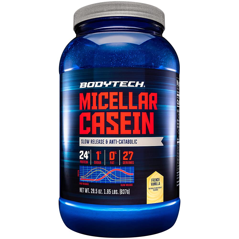 BodyTech Micellar Casein Protein Powder - Slow Release Protein for Overnight Muscle Recovery & Growth - 24g Protein per Serving - French Vanilla Flavor (2lb) - Ideal for Post-Workout, Bedtime Recovery & Healthy Weight Management