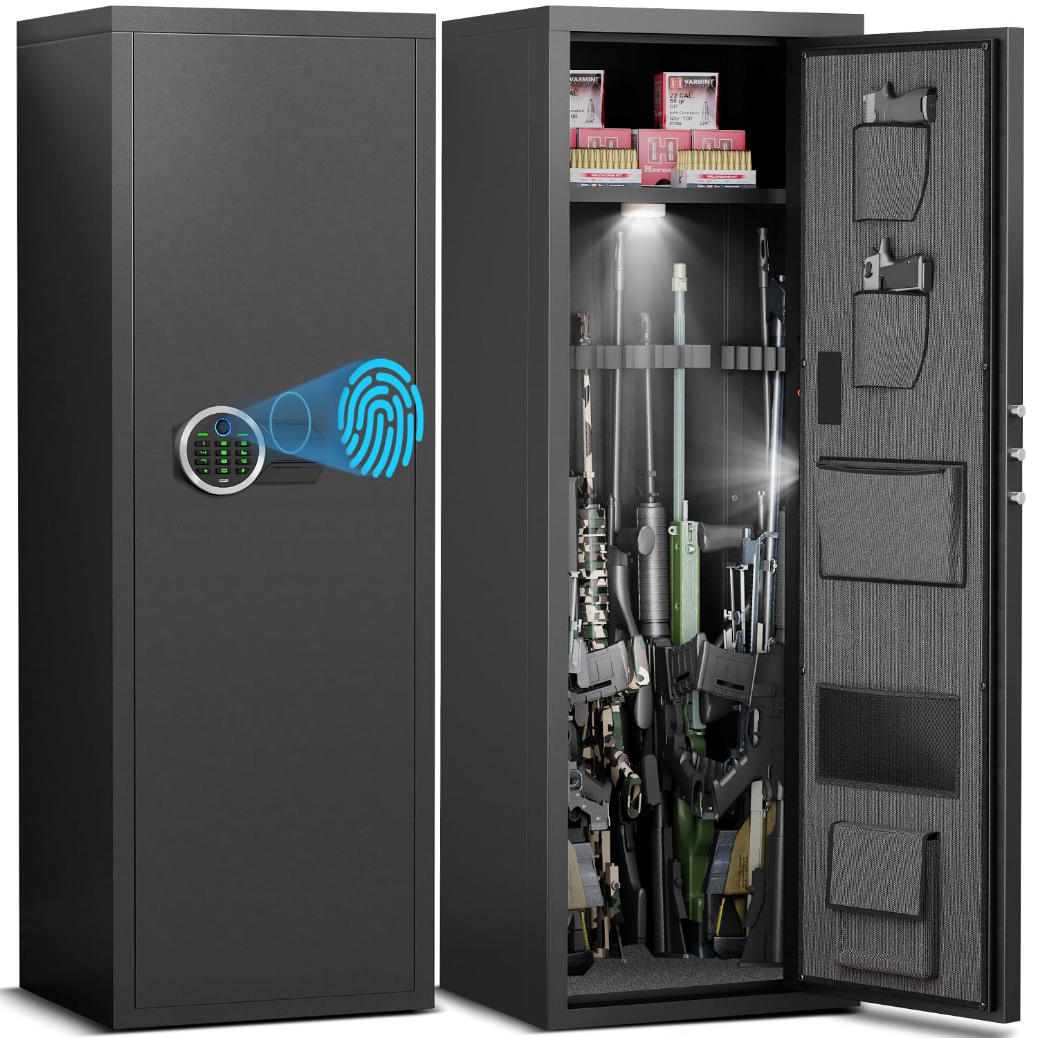 6-8 Rifle Gun Safe for Shotguns & Pistols - Large Fingerprint Biometric Safe with Touchscreen Keypad, Dual Alarm & Mute Mode - Unassembled Home Security Safe with Removable Shelves - Perfect for Bedroom, Closet or Garage Gun Storage