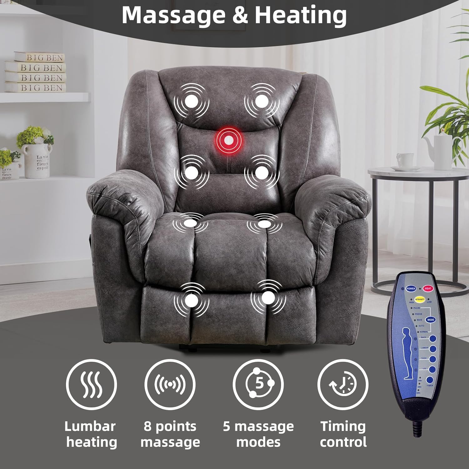 CANMOV Power Lift Recliner Chair for Elderly - Heavy Duty Massage & Heated Recliner for Big and Tall Seniors, Faux Leather Reclining Chair with Side Pocket & USB Charging Port (Gray) - Perfect for Living Room, Home Theater & Mobility Assistance