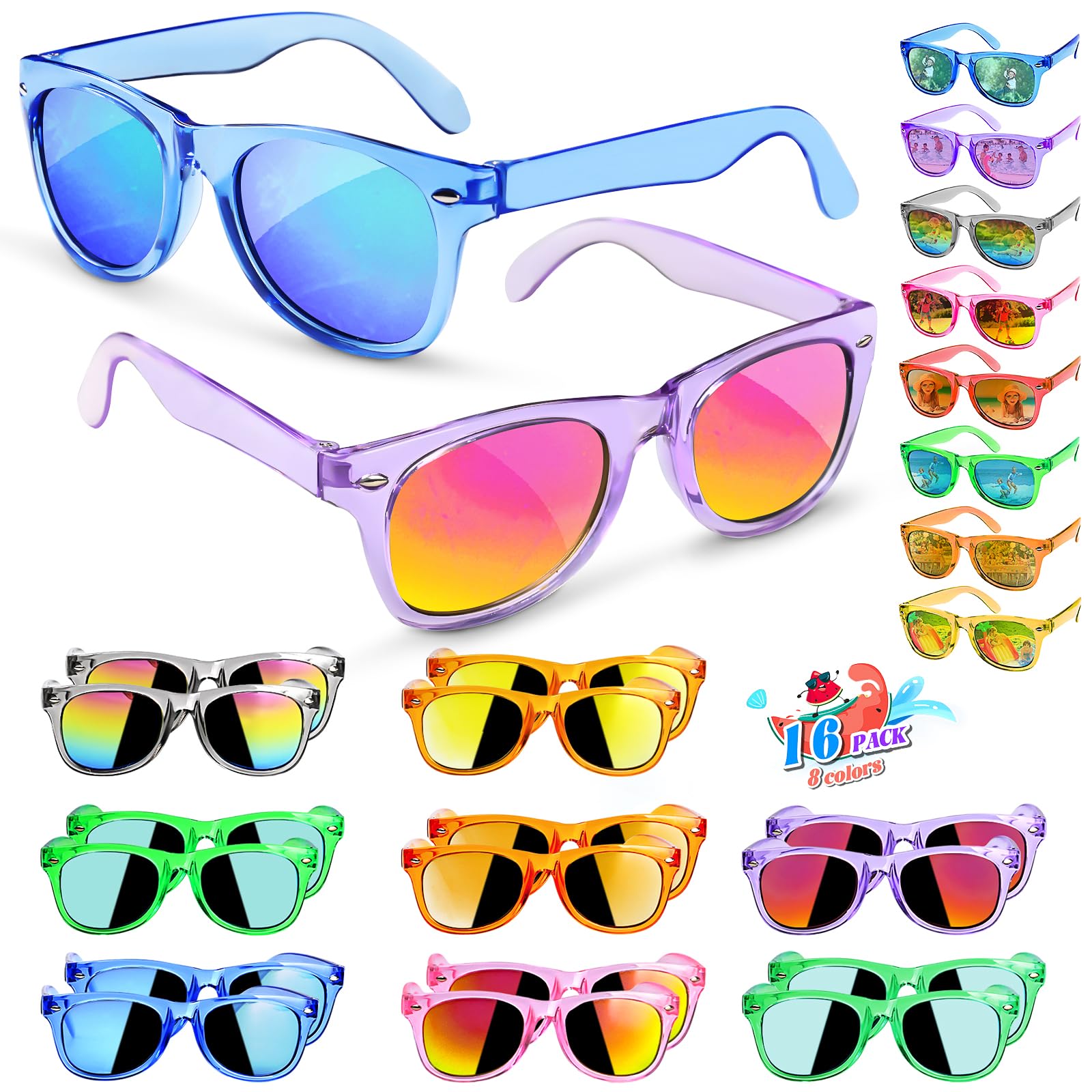 **UV 400 Kids Sunglasses - 16 Pack Neon Boys Girls Sunglasses for Valentine's Day, Birthday Party Favors, Classroom Goodie Bags & Summer Outdoor Activities**