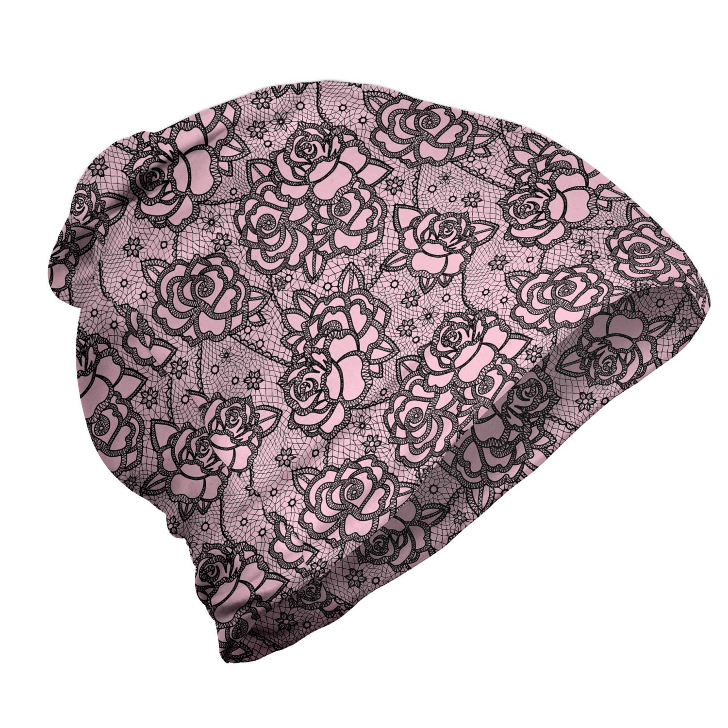 Ambesonne Unisex Beanie - Lace Look Rose Flowers Design for Men & Women | Warm Winter Knit Hat for Hiking, Outdoor Activities & Casual Wear