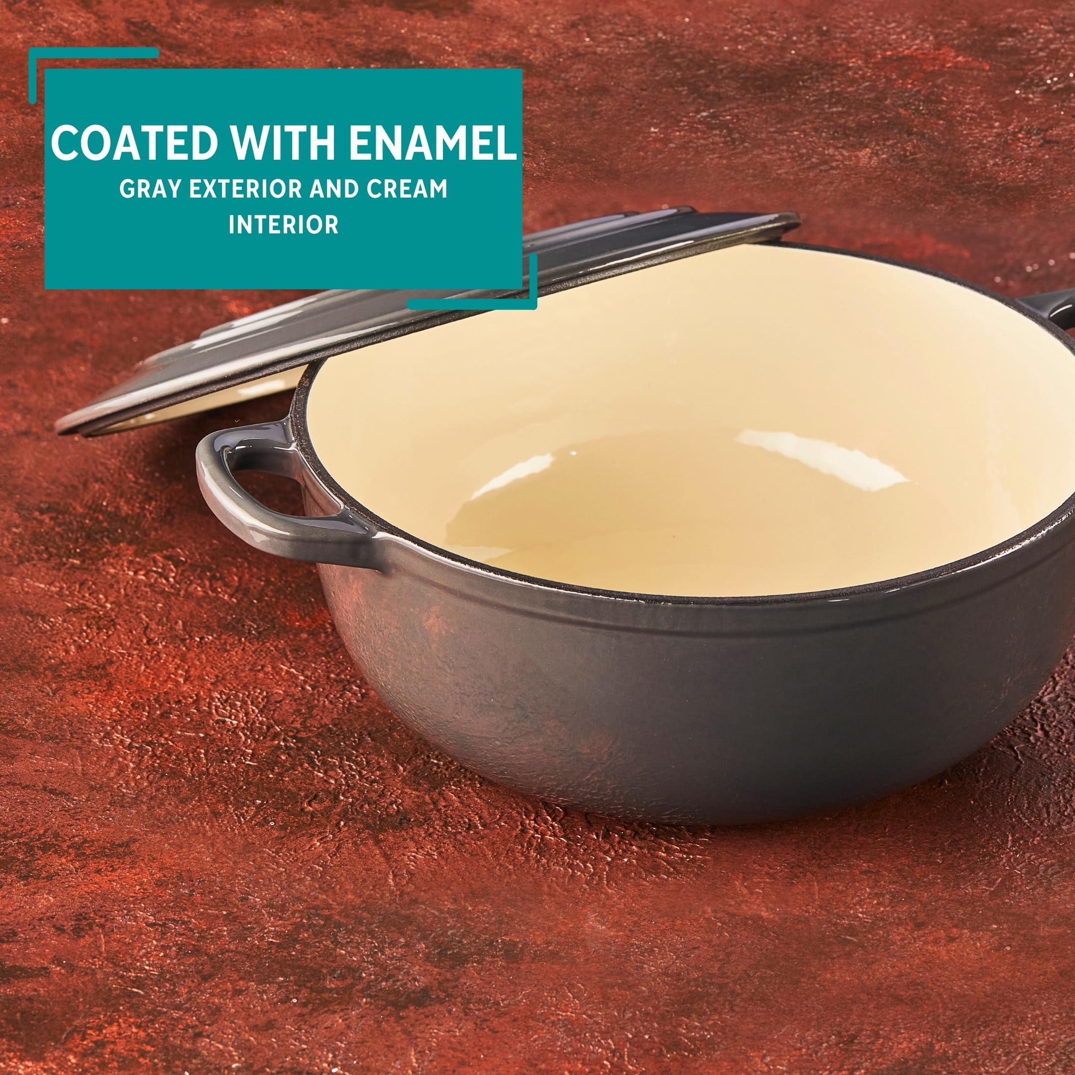 MIRRO 4.8 Quart Enameled Cast Iron Dutch Oven - Gray - Perfect for Baking, Braising, Roasting & Slow Cooking Soups, Stews & Bread