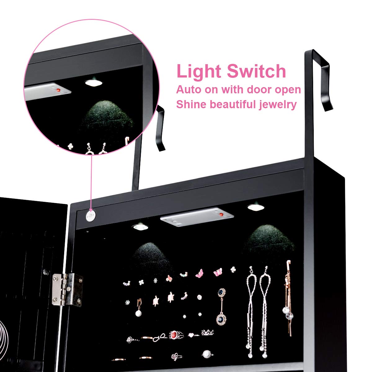 GOFLAME Wall Mounted Jewelry Armoire Cabinet - Full Length Mirror with LED Lights, Lockable Storage for Necklaces, Rings & Earrings - Includes 36 Hooks, Scarf Rod & Makeup Pouch (Black) | Perfect for Bedroom, Closet & Dressing Room Organization