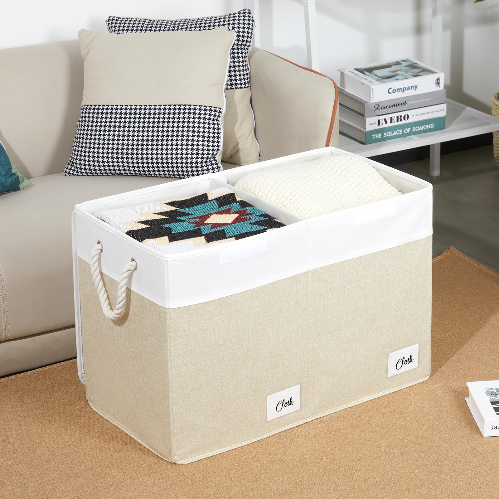 HNZIGE Large Collapsible Fabric Storage Box with Flip-Top Lid - Toy Organizer Bin for Kids Bedroom, Clothes & Toys - Foldable Toy Chest Container (White & Beige) | Perfect for Nursery Organization, Playroom Storage & Closet Decluttering