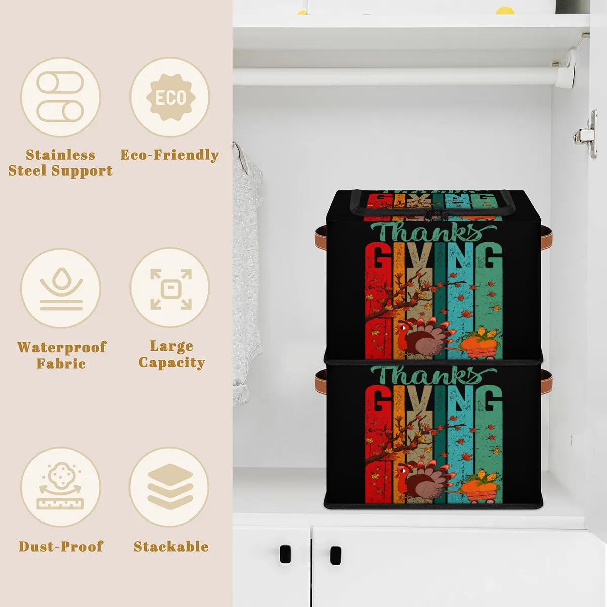 Foldable Fabric Storage Bins with Zipper Lid - Collapsible Storage Baskets for Clothes, Blankets & Toys - Thanksgiving Day Closet Organizer with Handles - Perfect for Home Organization, Seasonal Storage & Holiday Decor