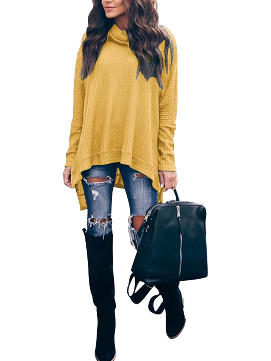 Caracilia Women's Oversized Turtleneck Sweater - Batwing Long Sleeve Waffle Knit Pullover with Split Hem | Cozy Winter Fashion 2024 | Perfect for Office, Casual Outings & Holiday Gatherings