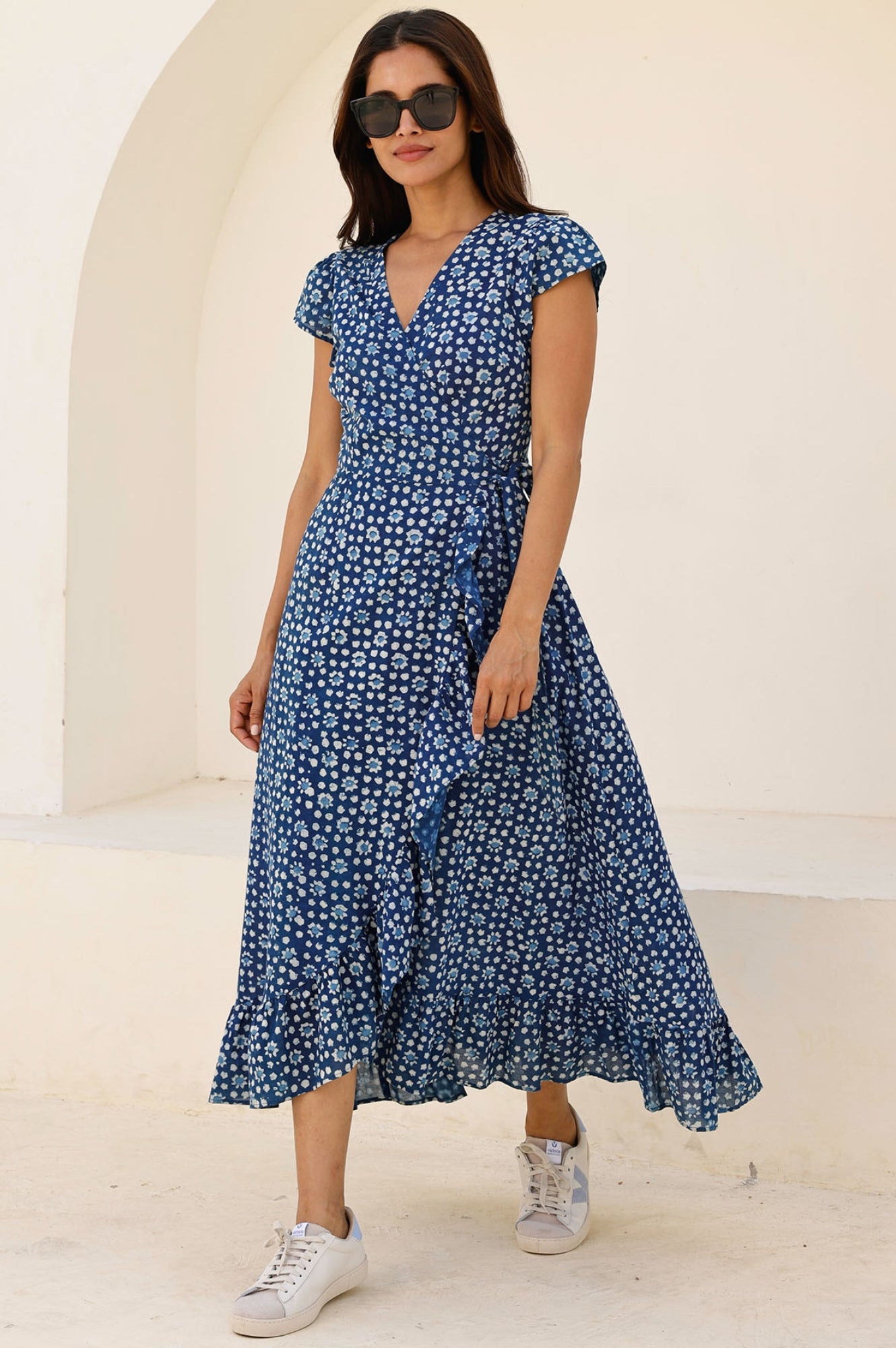 Demi Organic Cotton Wrap Dress for Women - Navy Blue Flowy Boho Maxi Dress for Beach, Vacation & Summer Outfits