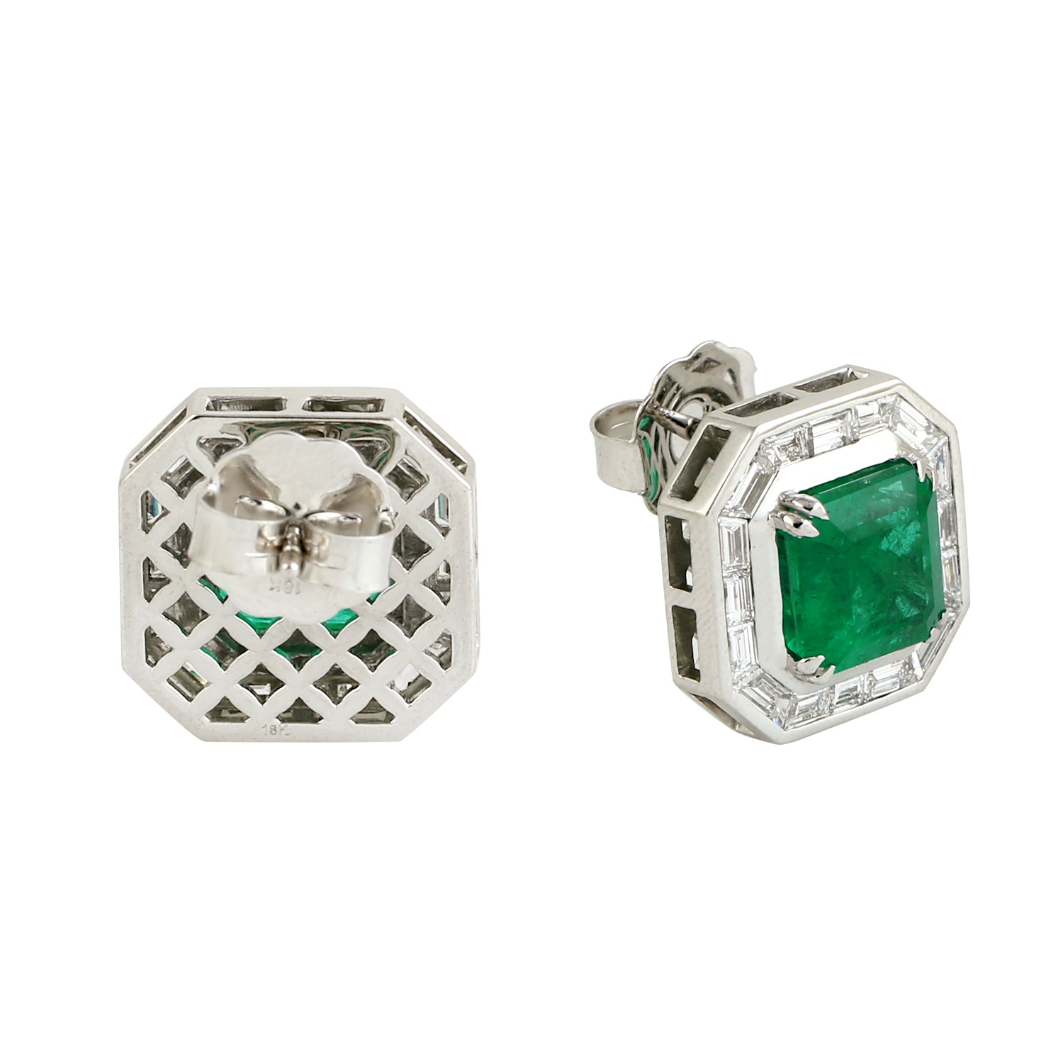 18K White Gold Channel Set Diamond Square Emerald Stud Earrings for Women - Elegant Wedding, Anniversary & Party Jewelry Gift