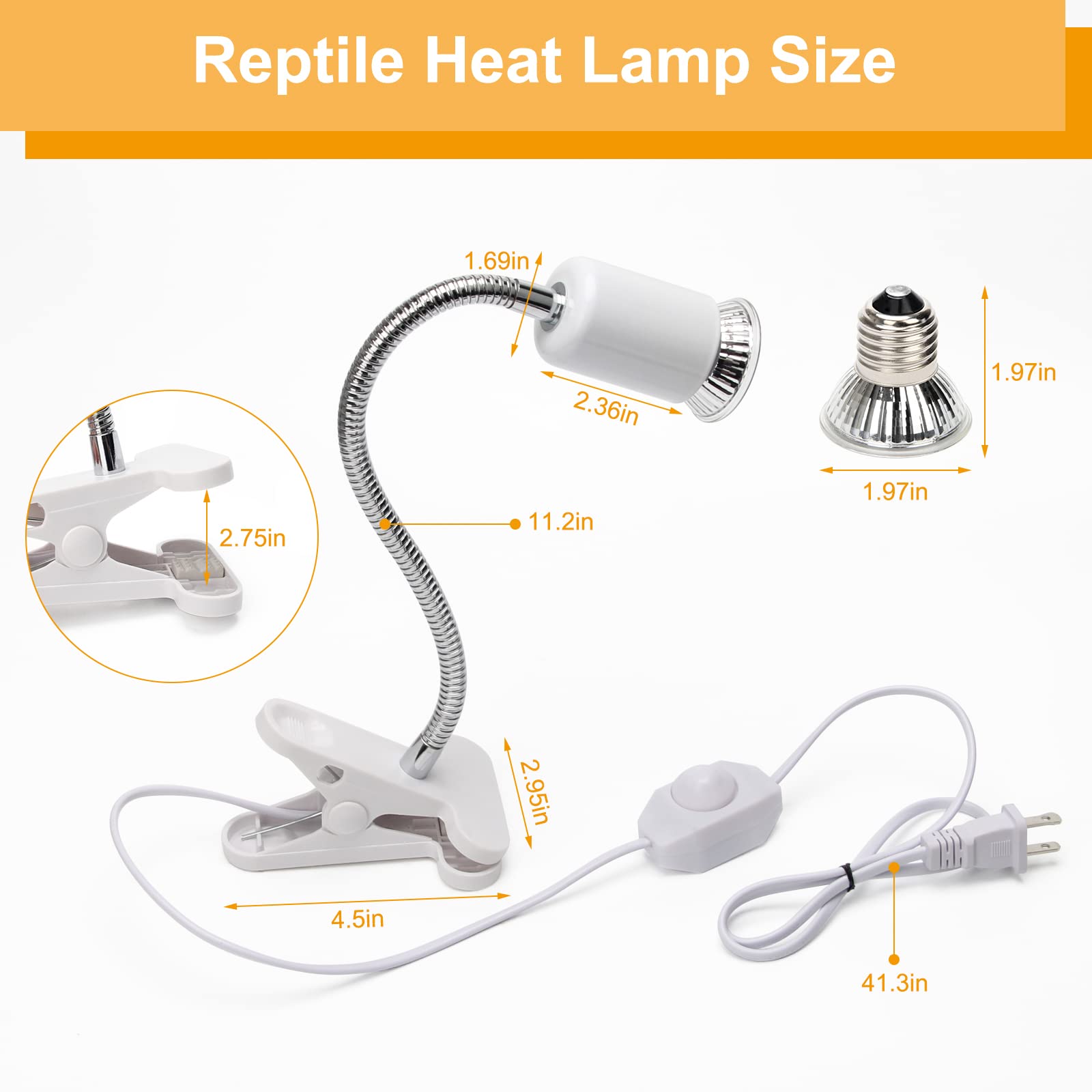 50W UVA UVB Reptile Heat Lamp with 2 Bulbs - Adjustable 360° Rotatable Clip & Switch - Ideal for Turtles, Lizards, Snakes & Amphibians - Perfect for Aquariums, Terrariums & Reptile Habitats
