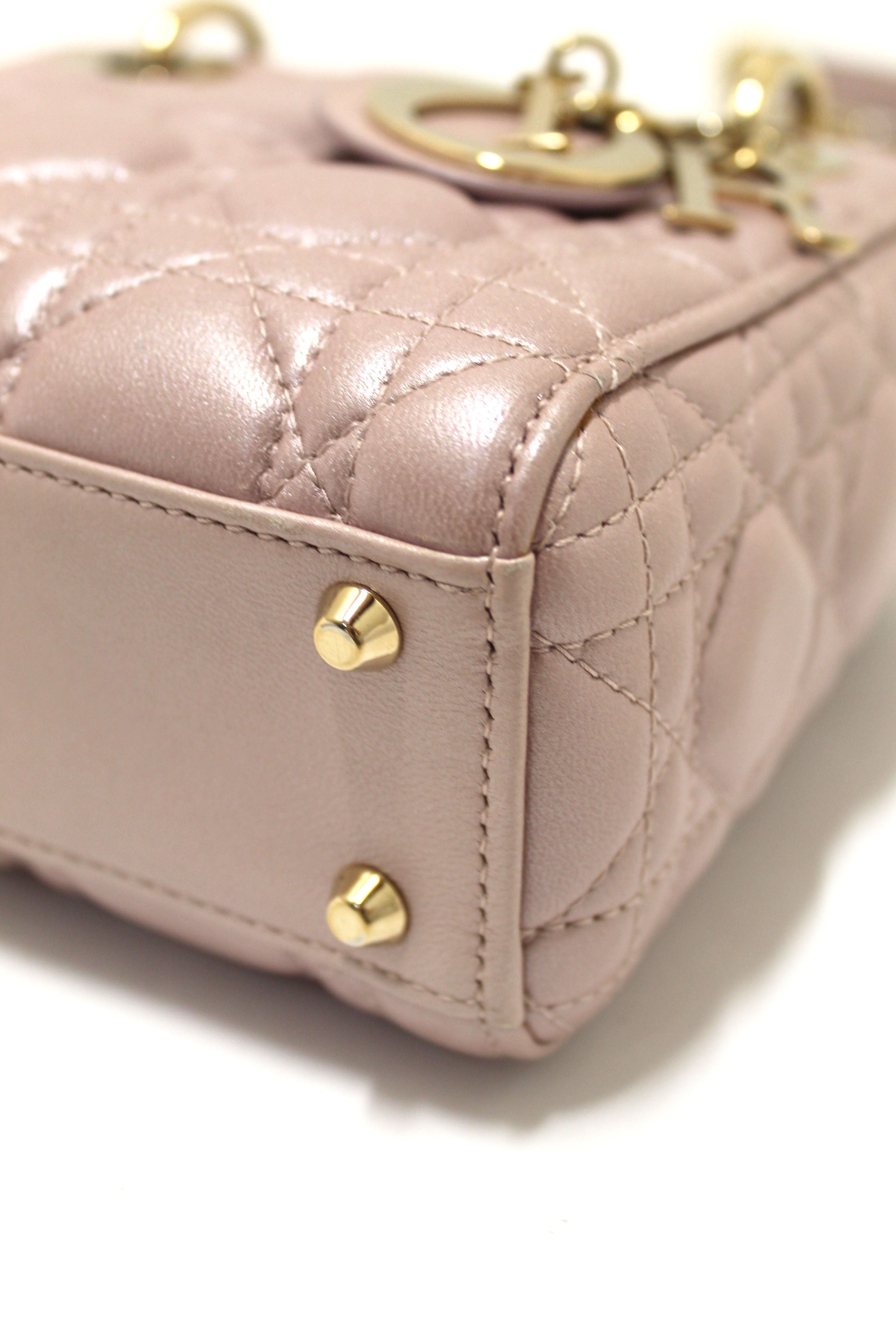 Authentic Christian Dior Mini Lady Dior Bag in Pink Cannage Lambskin Leather with Metallic Powder Finish - Perfect for Evening Parties, Weddings & Luxury Fashion Accessories