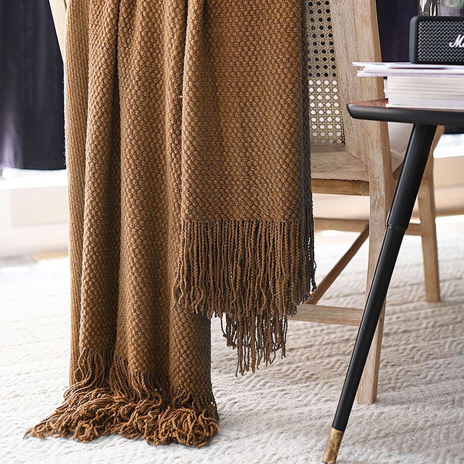 LOMAO Knitted Throw Blanket with Tassels - Soft Bubble Textured Lightweight Blanket for Sofa, Bed & Couch - Perfect for Home Decor, Living Room & Gift (Khaki, 60x80 Inches) - Cozy for Winter Nights, Movie Time & Relaxation