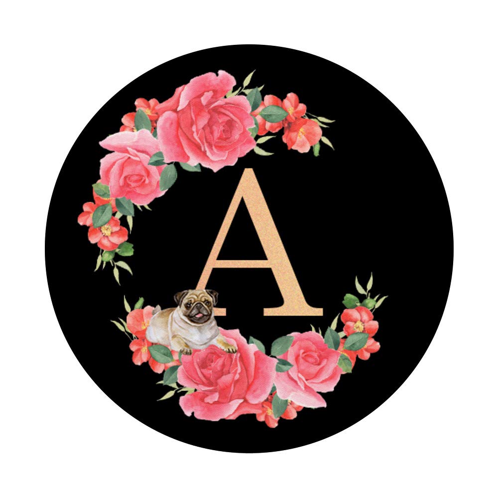 Pug Monogram A Initial Letter - Rose Pink Floral Dog Lover Gift - Personalized Pet Accessories for Home Decor, Gifts & Nursery Room