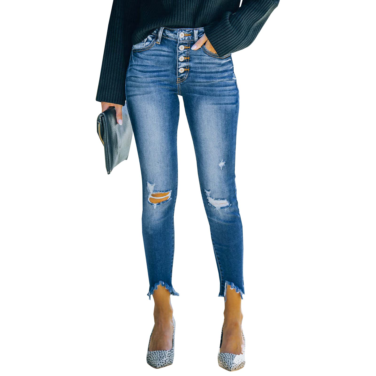 LONGYIDA Women's Ripped Stretchy High Waist Skinny Jeans with Button Fly | Trendy Distressed Denim Pants for Casual Wear & Night Out